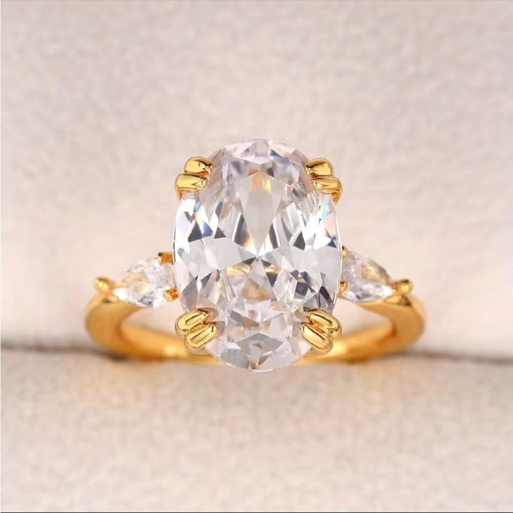 New Luxury Yellow Gold Plated Oval Diamond Ring - Picture 7 of 16
